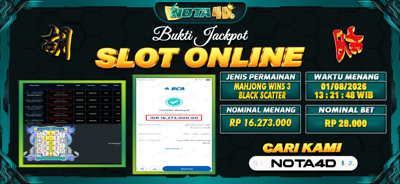 Bukti Kemenangan Besar Dibayar lunas Member NOTA4D RP 16.273.000, 1 Agustus 2026