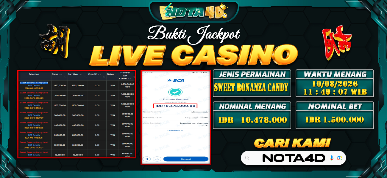 Bukti Kemenangan Besar Dibayar lunas Member NOTA4D RP 10.478.000, 10 Agustus 2026