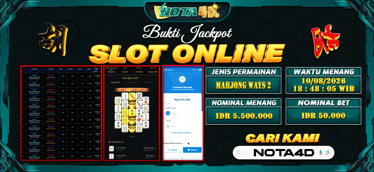 Bukti Kemenangan Besar Dibayar lunas Member NOTA4D RP 5.500.000, 10 Agustus 2026
