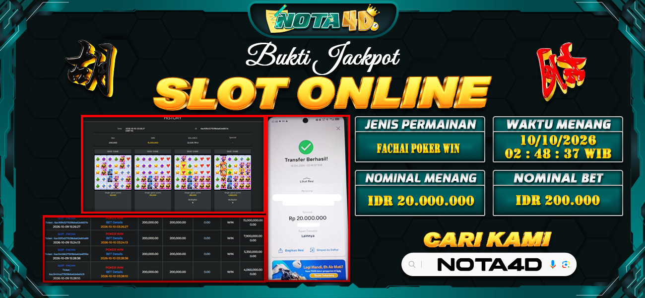 Bukti Kemenangan Besar Dibayar lunas Member NOTA4D RP 20.000.000, 10 Oktober 2026