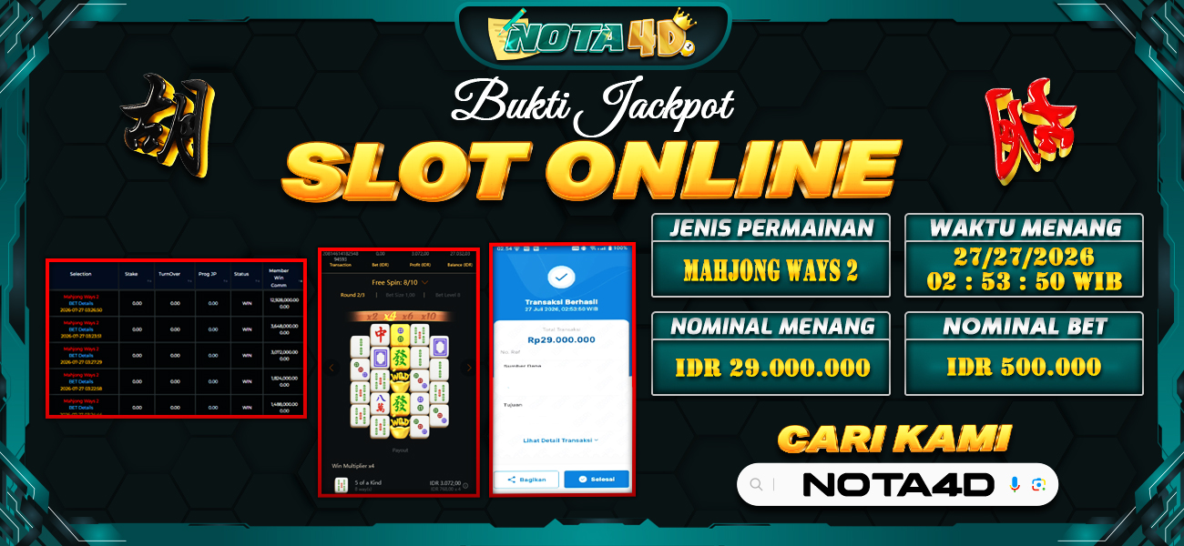 Bukti Kemenangan Besar Dibayar lunas Member NOTA4D RP 29.000.000, 27 Juli 2026