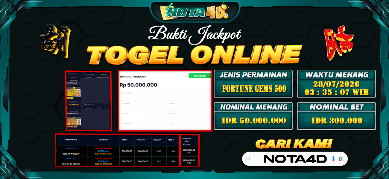 Bukti Kemenangan Besar Dibayar lunas Member NOTA4D RP 50.000.000, 29 Juli 2026