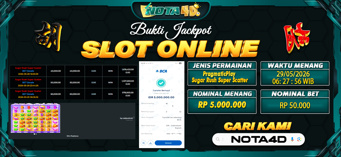 Bukti Kemenangan Besar Dibayar lunas Member NOTA4D RP 5.000.000, 29 Mei 2026