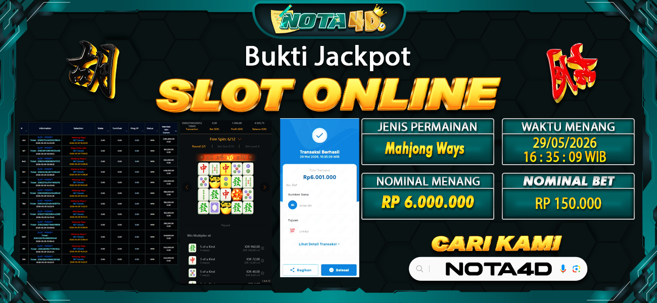 Bukti Kemenangan Besar Dibayar lunas Member NOTA4D RP 6.000.000, 29 Mei 2026