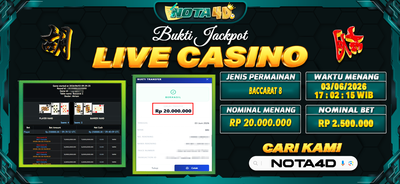 Bukti Kemenangan Besar Dibayar lunas Member NOTA4D RP 20.000.000, 3 Juni 2026