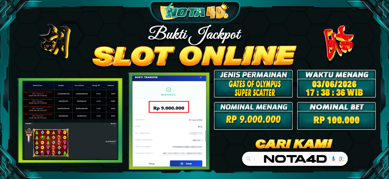 Bukti Kemenangan Besar Dibayar lunas Member NOTA4D RP 9.000.000, 3 Juni 2026