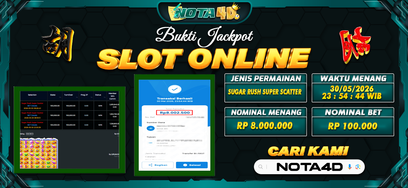 Bukti Kemenangan Besar Dibayar lunas Member NOTA4D RP 8.000.000, 31 Mei 2026