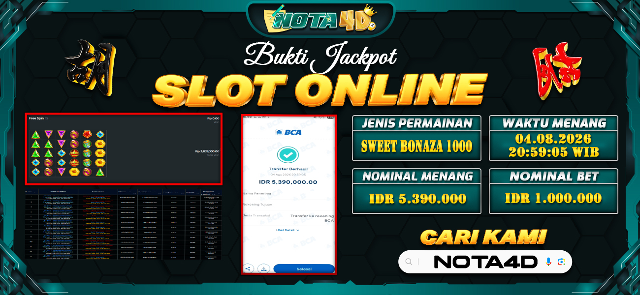 Bukti Kemenangan Besar Dibayar lunas Member NOTA4D RP 5.390.000, 4 Agustus 2026