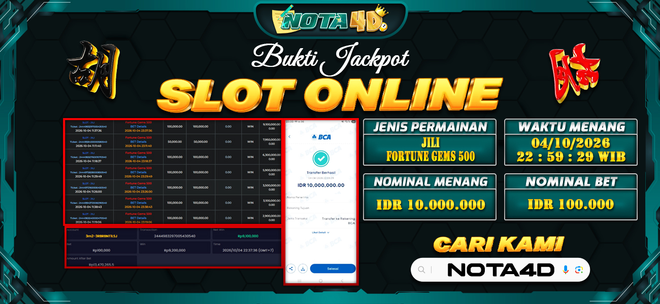 Bukti Kemenangan Besar Dibayar lunas Member NOTA4D RP 10.000.000, 4 Oktober 2026