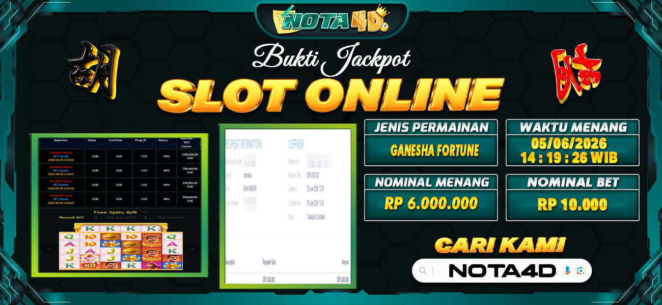 Bukti Kemenangan Besar Dibayar lunas Member NOTA4D RP 6.000.000, 5 Juni 2026