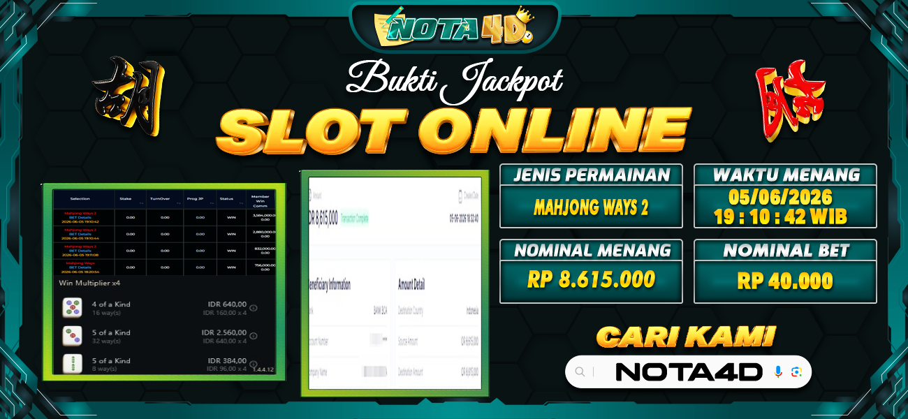 Bukti Kemenangan Besar Dibayar lunas Member NOTA4D RP 8.615.000, 5 Juni 2026