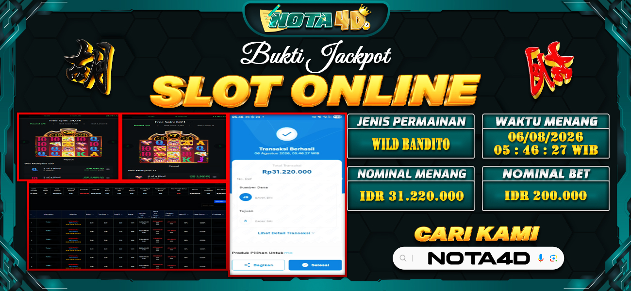Bukti Kemenangan Besar Dibayar lunas Member NOTA4D RP 31.220.000, 6 Agustus 2026