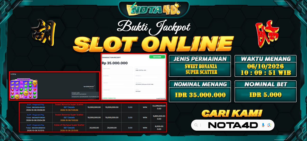 Bukti Kemenangan Besar Dibayar lunas Member NOTA4D RP 35.000.000, 6 Oktober 2026