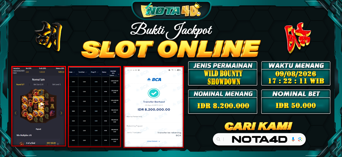 Bukti Kemenangan Besar Dibayar lunas Member NOTA4D RP 8.200.000, 9 Agustus 2026