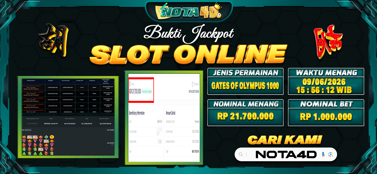 Bukti Kemenangan Besar Dibayar lunas Member NOTA4D RP 21.700.000, 9 Juni 2026